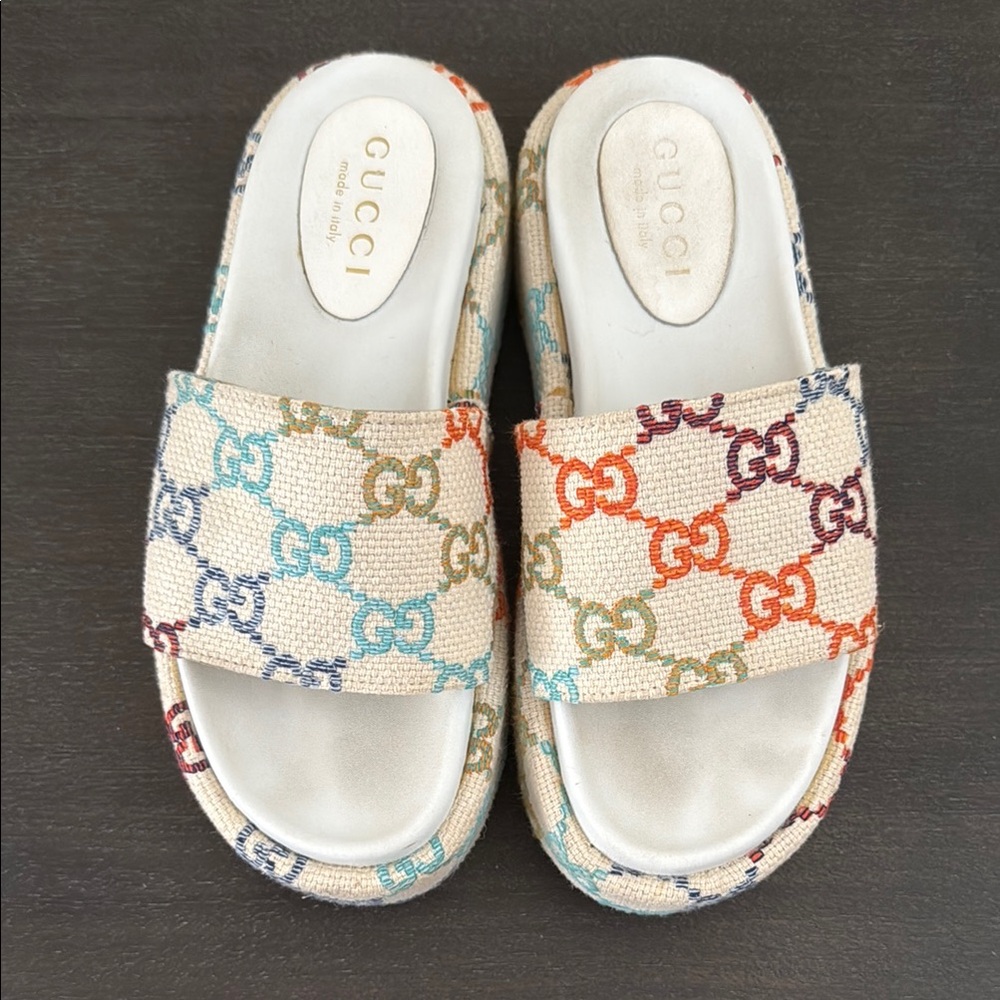 Gucci Angelina Embroidered Logo Platform Slide Sandal in Multicolor Size 38